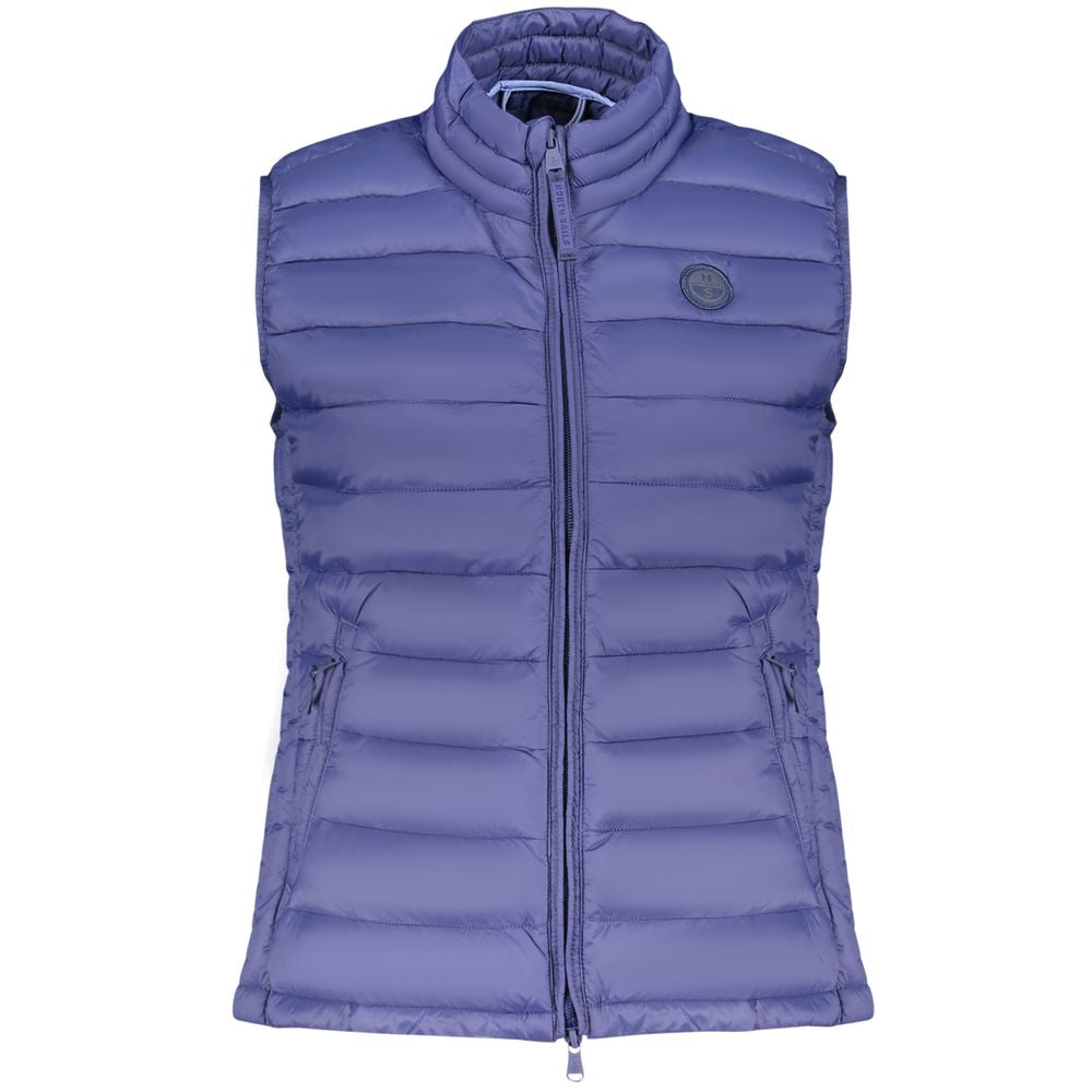 North Sails blue polyester women's jacket displayed on hanger, featuring a sleek design and lightweight fabric.