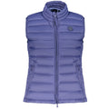 North Sails blue polyester women's jacket displayed on hanger, featuring a sleek design and lightweight fabric.