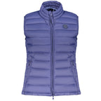 North Sails blue polyester women's jacket displayed on hanger, featuring a sleek design and lightweight fabric.