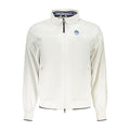 North Sails white polyester men's jacket displayed on a hanger, showcasing its sleek design and lightweight fabric.