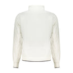 North Sails white polyester men's jacket displayed on a hanger, showcasing its sleek design and lightweight fabric.