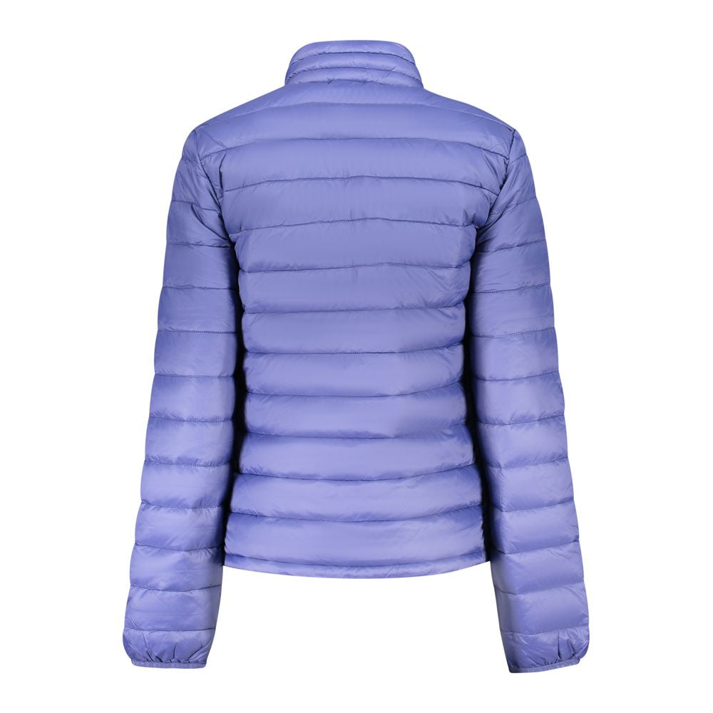 North Sails blue polyester women's jacket displayed on a hanger, showcasing a sleek, lightweight outerwear design.