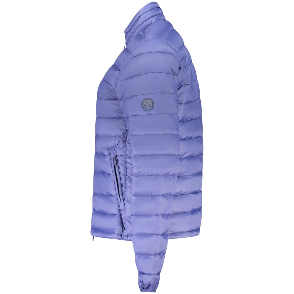 North Sails blue polyester women's jacket displayed on a hanger, showcasing its lightweight and stylish design.