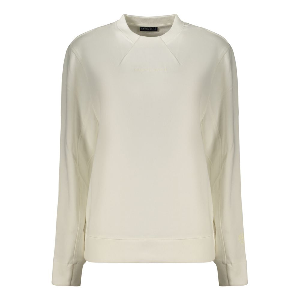 White North Sails cotton women's sweatshirt with a relaxed fit and crew neckline, displayed on a hanger.