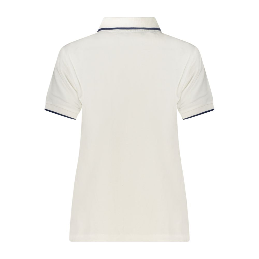 White cotton women's polo shirt by North Sails, featuring a classic collar and short sleeves, displayed on a hanger.