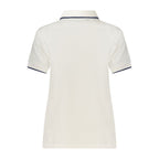 White cotton women's polo shirt by North Sails, featuring a classic collar and short sleeves, displayed on a hanger.