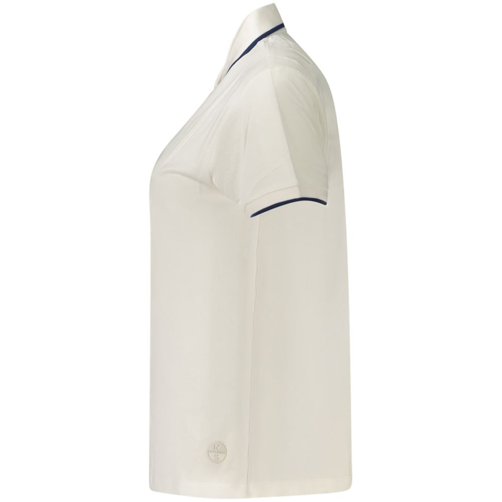 White cotton women's polo shirt by North Sails, featuring a classic collar and short sleeves, displayed on a hanger.