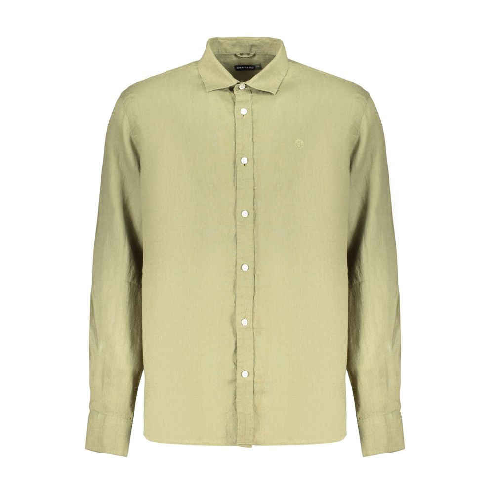 Green linen men's shirt by North Sails, featuring a classic collar and button-up front, displayed on a hanger.