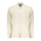 Beige linen men's shirt by North Sails, featuring a classic collar and button-down front, displayed on a hanger.
