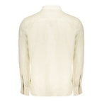 Beige linen men's shirt from North Sails with a classic collar and button-up front, displayed on a hanger.
