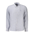 North Sails blue linen men's shirt displayed flat with collar and long sleeves, showcasing lightweight, breathable fabric.