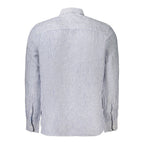 Blue linen men's shirt by North Sails, featuring a classic collar and button-up front, displayed on a hanger.