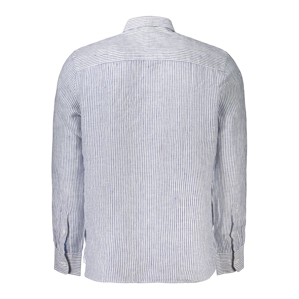 Blue linen men's shirt by North Sails, featuring a classic collar and button-up front, displayed on a hanger.