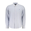 North Sails blue cotton men's shirt displayed on a hanger, showcasing a classic collar and button-up style.