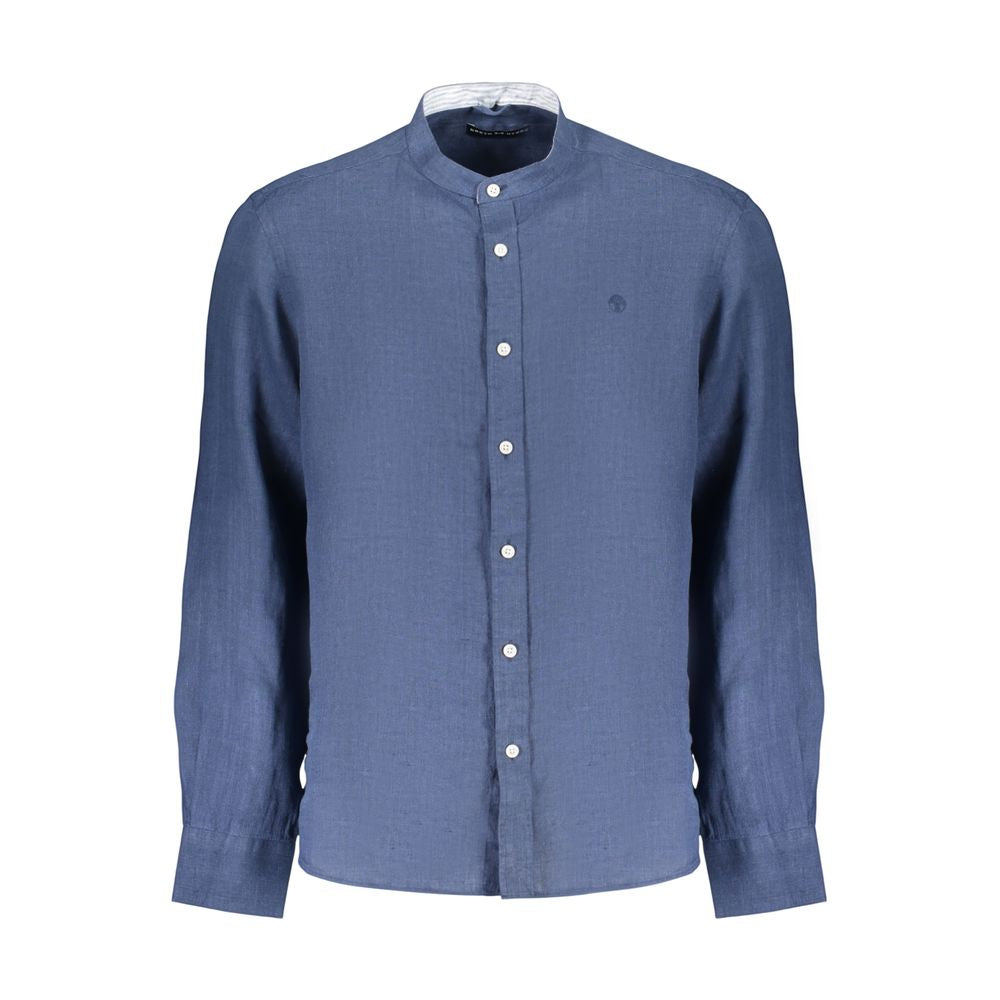 North Sails blue linen men's shirt displayed flat with collar and buttons, showcasing lightweight and breathable fabric.