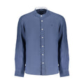 North Sails blue linen men's shirt displayed flat with collar and buttons, showcasing lightweight and breathable fabric.