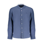North Sails blue linen men's shirt displayed flat with collar and buttons, showcasing lightweight and breathable fabric.