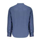North Sails blue linen men's shirt displayed on a hanger, showcasing lightweight fabric and casual style.
