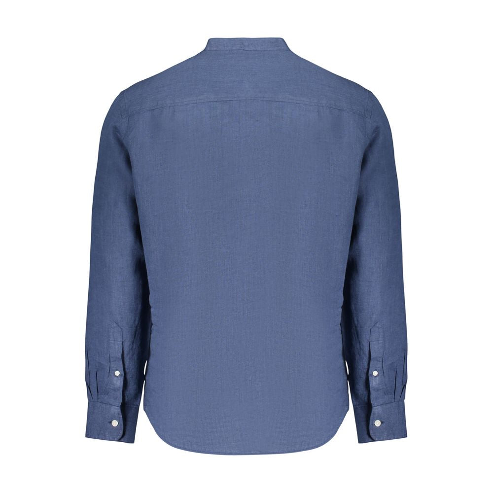North Sails blue linen men's shirt displayed on a hanger, showcasing lightweight fabric and casual style.