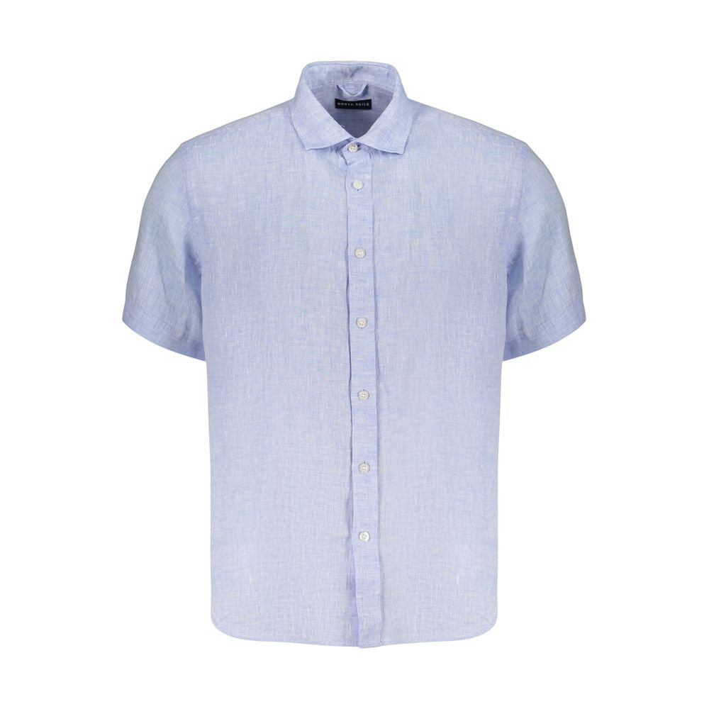 North Sails Azzurro Linen Mens Shirt displayed on a hanger, showcasing its light blue color and casual, breathable fabric.