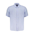 North Sails Azzurro Linen Mens Shirt displayed on a hanger, showcasing its light blue color and casual, breathable fabric.