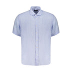 North Sails Azzurro Linen Mens Shirt displayed on a hanger, showcasing its light blue color and casual, breathable fabric.