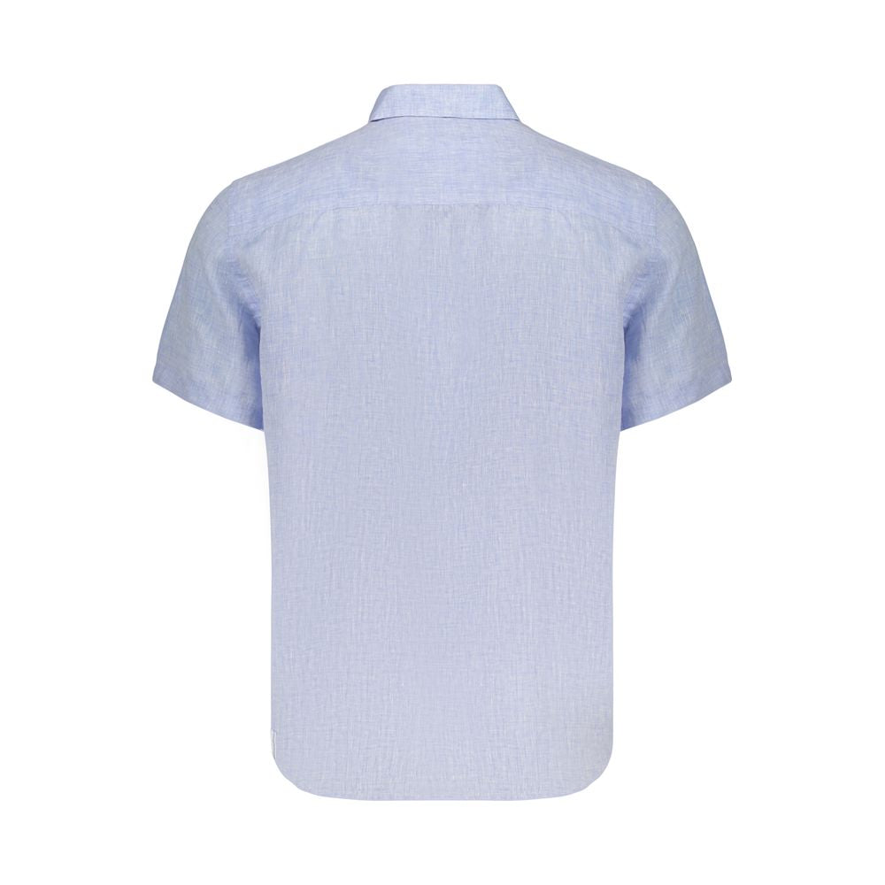 Men's North Sails Azzurro Linen Shirt shown on a hanger, featuring a light blue color, short sleeves, and a casual fit.