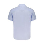 Men's North Sails Azzurro Linen Shirt shown on a hanger, featuring a light blue color, short sleeves, and a casual fit.