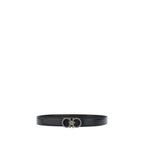 Black calf leather Ferragamo Bos Taurus regular belt with polished metal buckle, showcasing high-quality craftsmanship and sleek design.