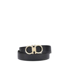Ferragamo black calf leather Bos Taurus belt with silver buckle, showcasing smooth leather and refined craftsmanship.