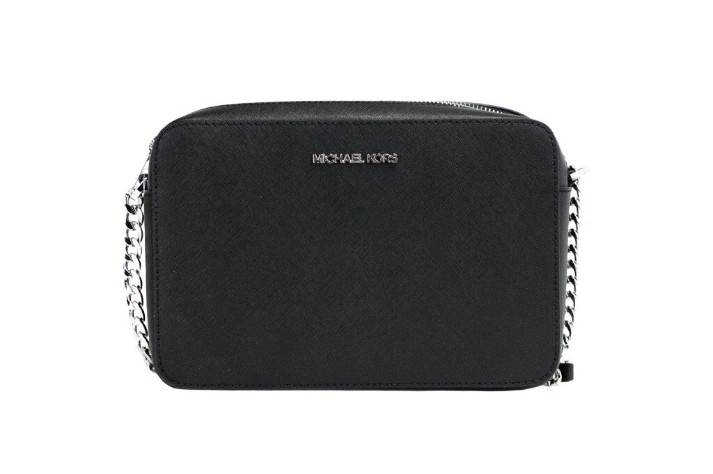 Michael Kors East West Crossbody Bag in black with gold accents, featuring a sleek design and adjustable strap.