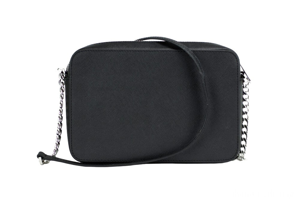 Michael Kors East West Crossbody Bag in black with gold accents, showing the sleek design and structured shape.