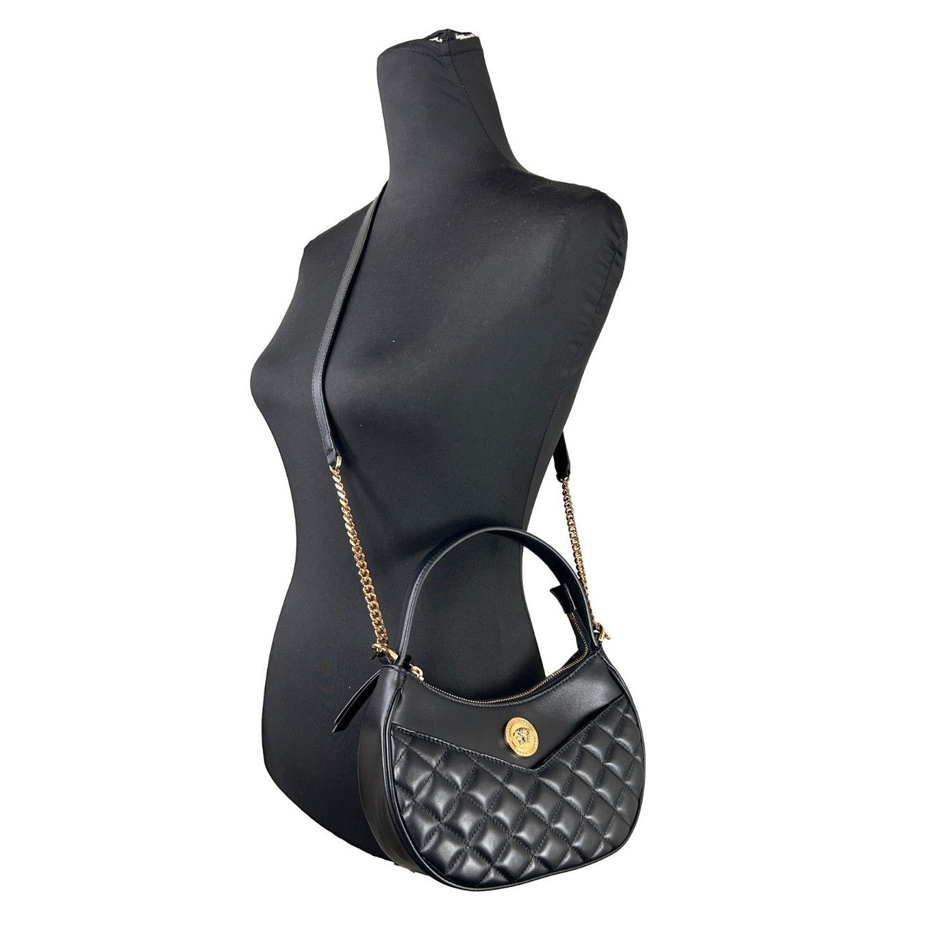 Versace Quilted Black Leather Half Moon Chain Crossbody Bag