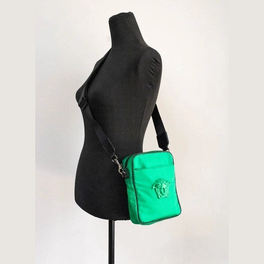 Versace Small Bright Green Nylon Fabric Medusa Crossbody Messenger Bag Purse