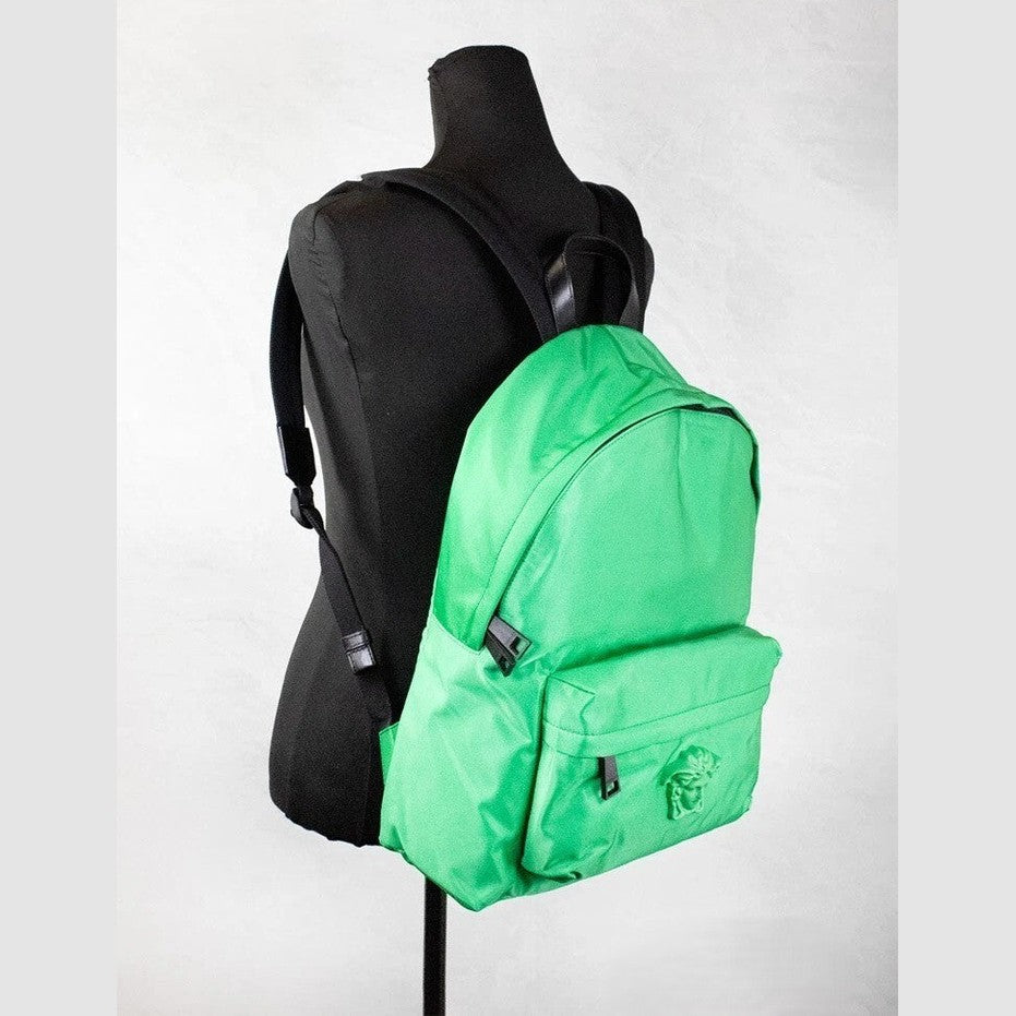 Versace Large Bright Green Nylon Fabric Medusa Shoulder Backpack Bookbag