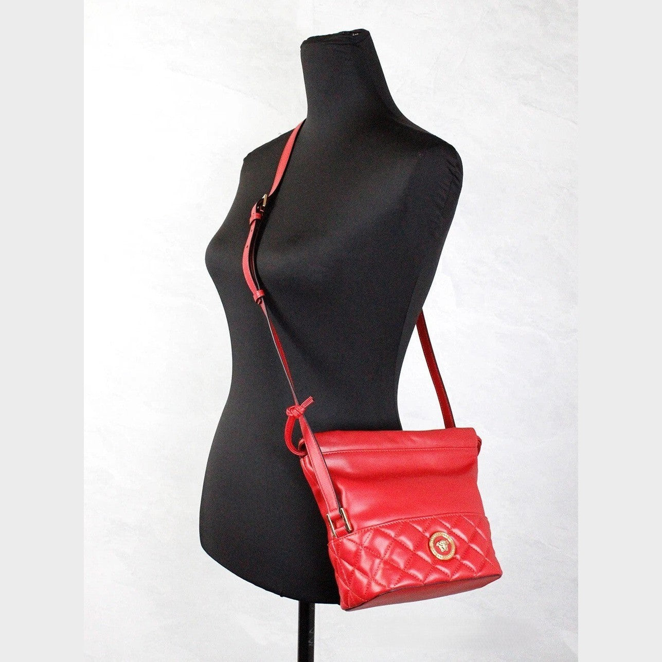 Versace Red Quilted Leather Drawstring Shoulder Bag Bucket Crossbody Handbag