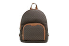 Michael Kors Jaycee large brown signature PVC shoulder backpack with adjustable straps and spacious interior.