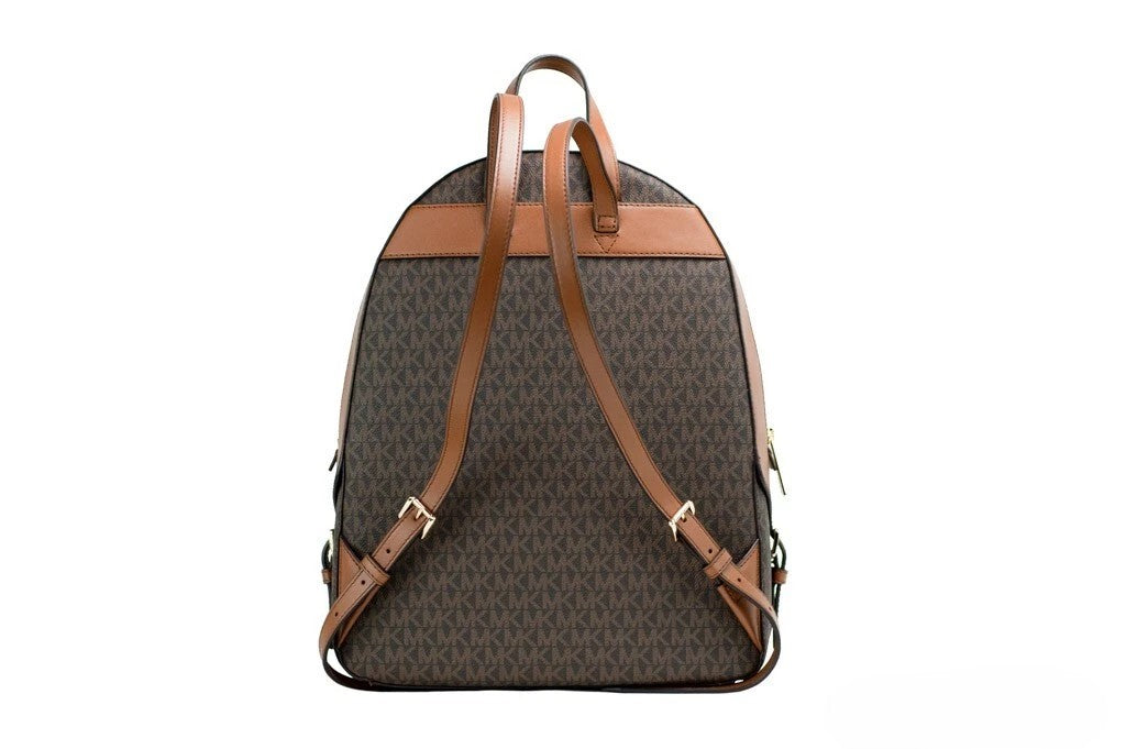 Michael Kors Jaycee large brown signature PVC shoulder backpack with adjustable straps and spacious interior.