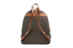 Michael Kors Jaycee large brown signature PVC shoulder backpack with adjustable straps and spacious interior.