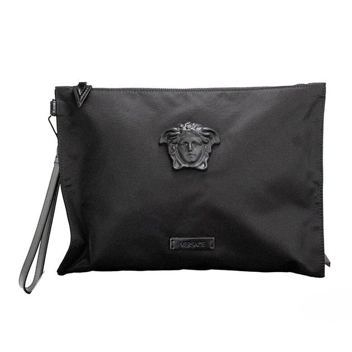 Versace Large Black Nylon Fabric Medusa Convertible Pouch Clutch Wristlet Bag