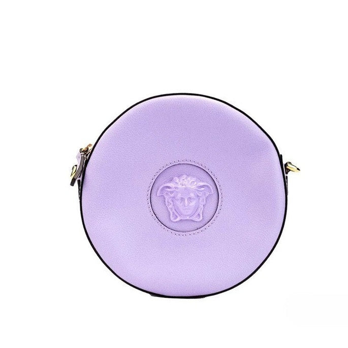 Versace Round Disco Lilac Pebbled Leather Camera Case Crossbody Bag Purse