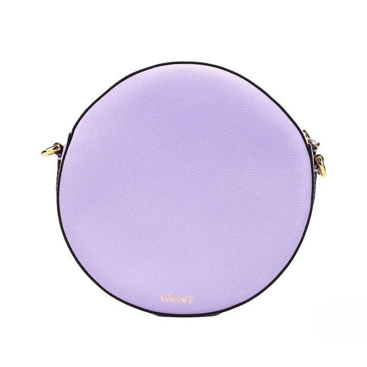 Versace Round Disco Lilac Pebbled Leather Camera Case Crossbody Bag Purse
