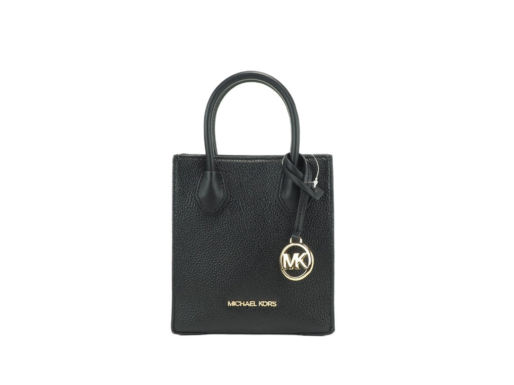 Black Michael Kors women's leather XS Mercer crossbody bag with a sleek, compact design and gold-tone hardware.