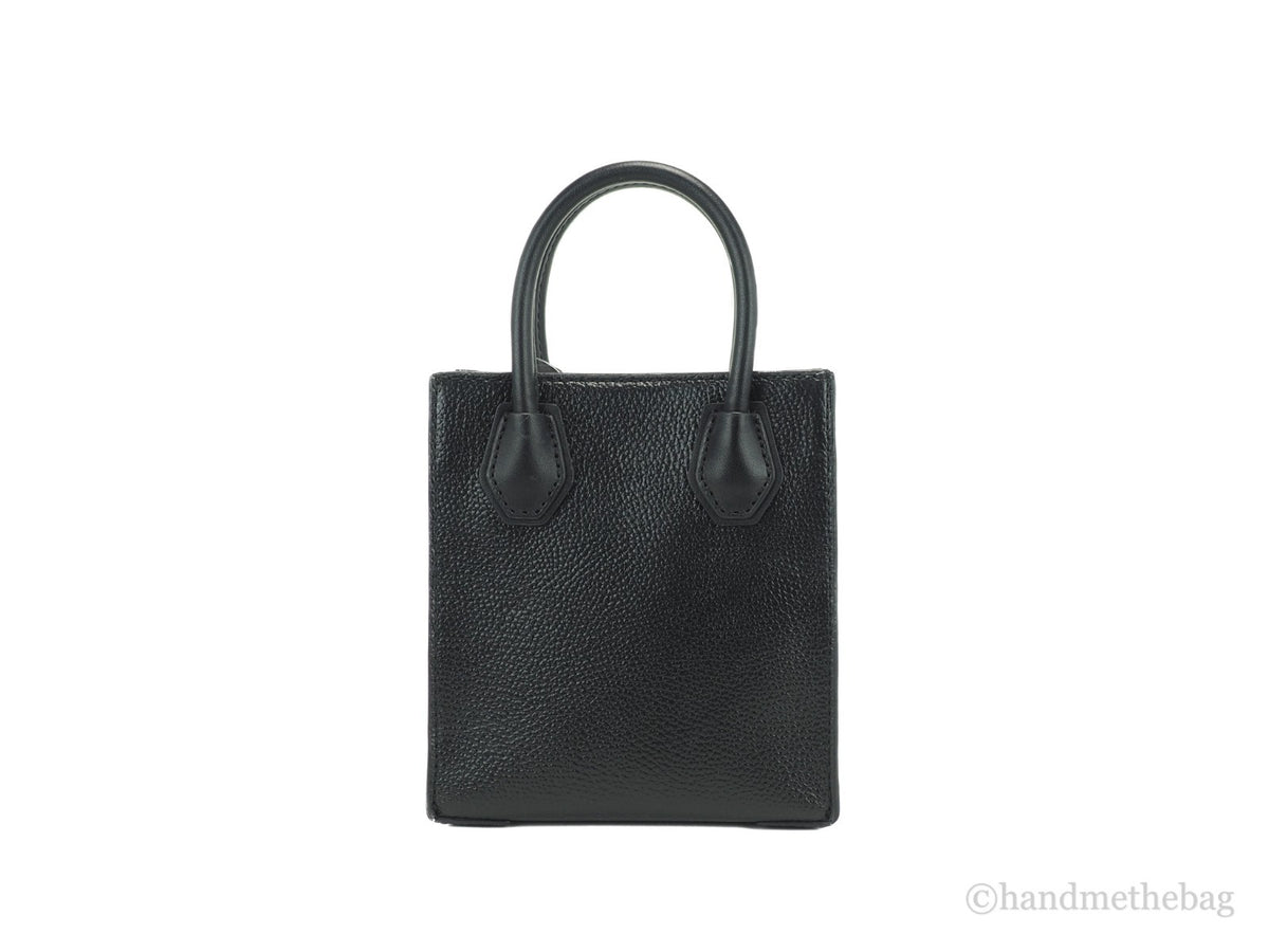 Black leather Michael Kors women's XS Mercer crossbody bag with a sleek, compact design and gold-tone hardware.