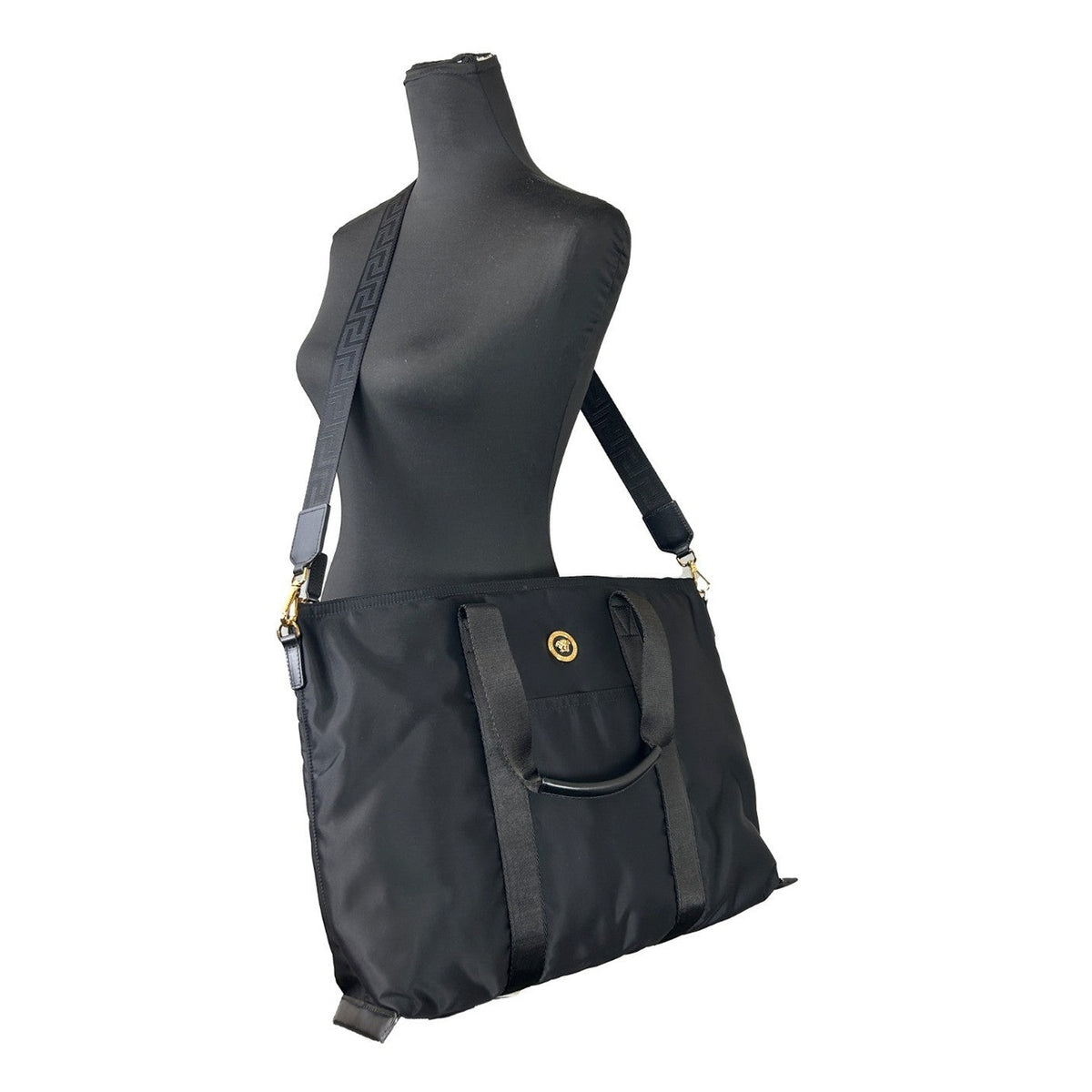 Versace Black Nylon Fabric La Medusa Shoulder Tote Bag