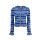 Blue Ganni cotton cardigan with a relaxed fit, featuring button closure and ribbed cuffs, displayed on a neutral background.
