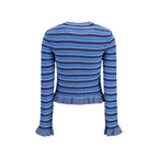 Ganni blue cotton cardigan displayed flat, showing its soft knit texture and classic button-front design.