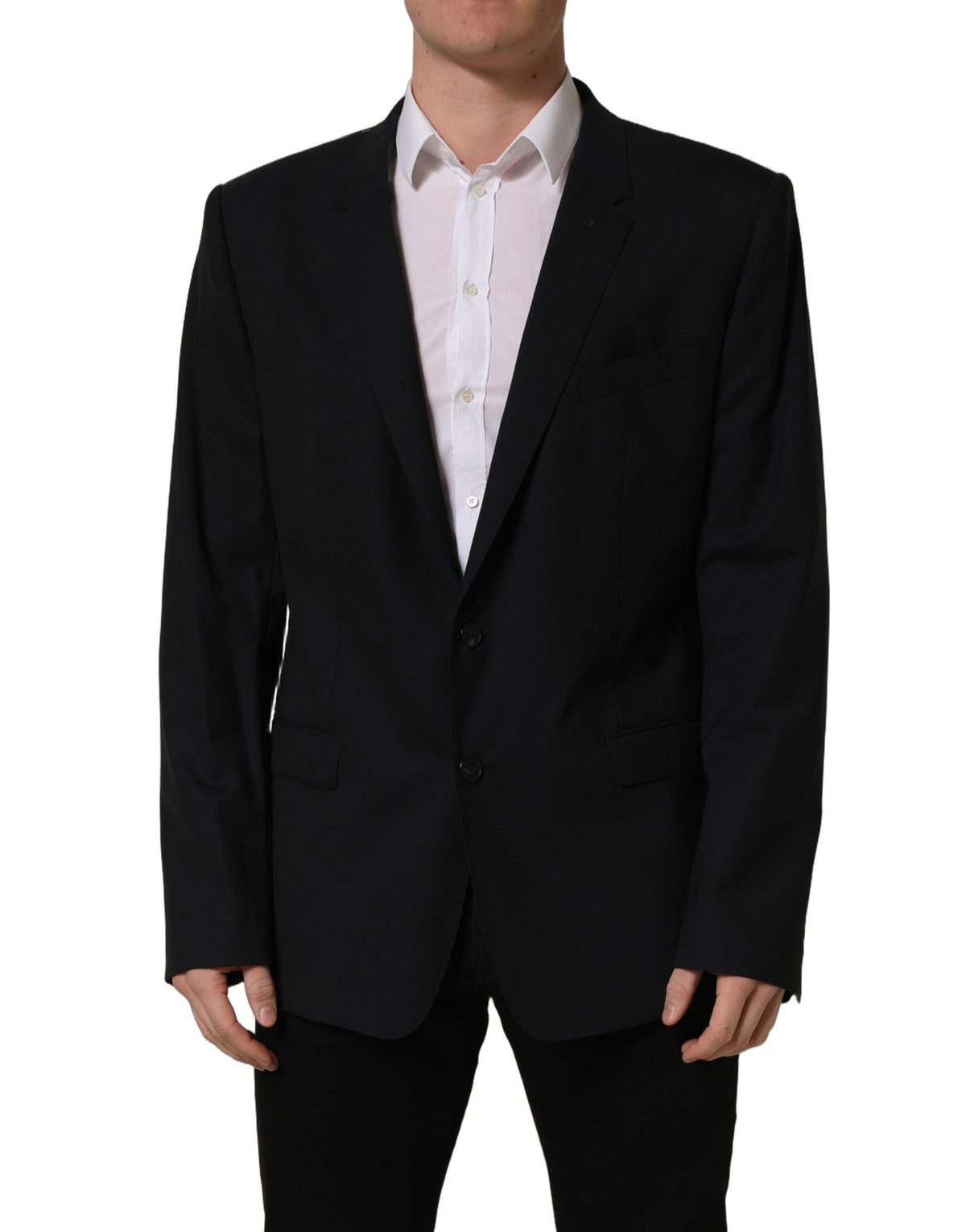 Dolce & Gabbana black wool single-breasted blazer jacket with notch lapels and tailored fit, displayed flat on a white background.