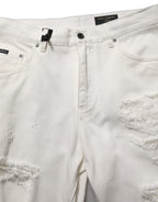 Dolce & Gabbana White Cotton Distressed Straight Denim Jeans
