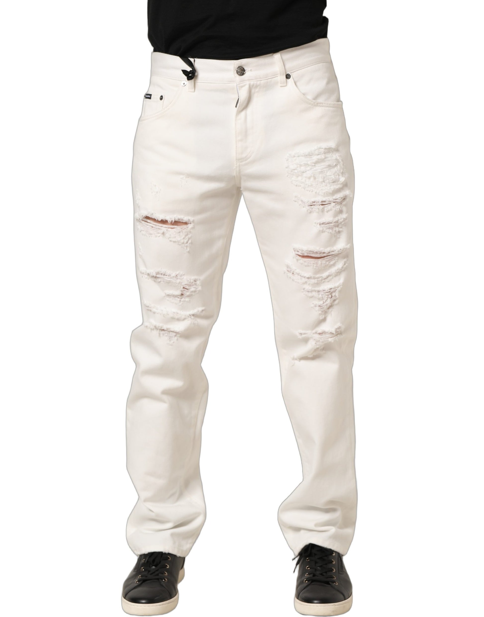 Dolce & Gabbana White Cotton Distressed Straight Denim Jeans